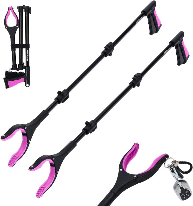 GrabRunner 38" Extra Long Grabber Reacher Tool – 2 Pack Foldable Reacher Grabber Pickup Tools with 360° Rotating Jaw & Magnet - Heavy Duty Pick Up Grabbers for Seniors, Trash, Surgery Recovery (Pink Pink) - Image 1